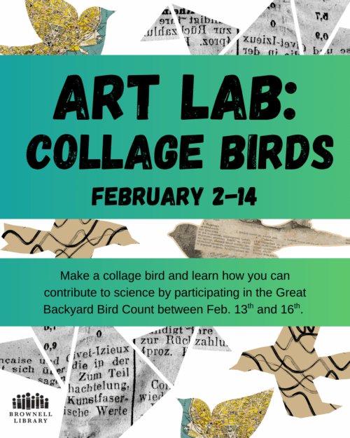 Make a Collage Bird and learn how to contriute to the Great Backyard Bird Count at Art Lab, February 2 to 14.