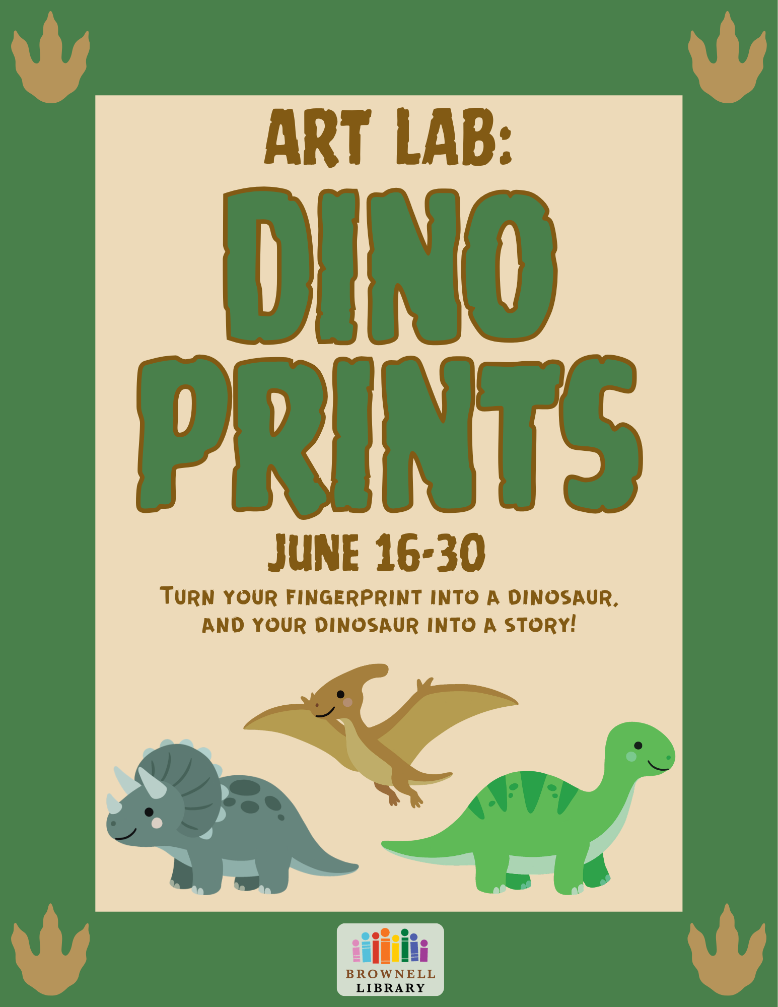 Turn your fingerprints into Dinosaurs at Art Lab: Dino Prints. Available June 16-30 in youth non-fiction.