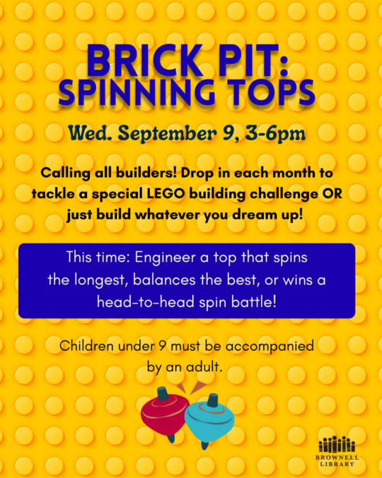 Drop in for a special lego building challenge or just build creatively at Brick Pit on September 9, 3-6pm.