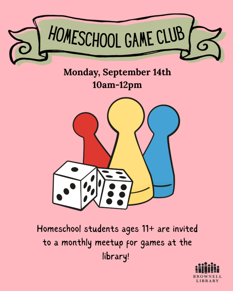 Homeschool students ages 11+ are invited to Homeschool Game Club on September 14 at 10am