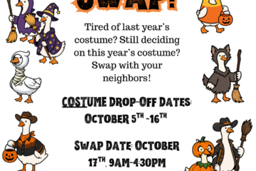 Between October 5th and 16th, drop off costume pieces you are willing to part with, then come back to select your new-to-you costume(s) during the Costume Swap on October 17th. All sizes of costumes are welcome.