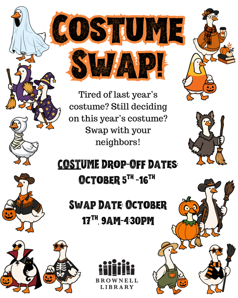 Between October 5th and 16th, drop off costume pieces you are willing to part with, then come back to select your new-to-you costume(s) during the Costume Swap on October 17th. All sizes of costumes are welcome.