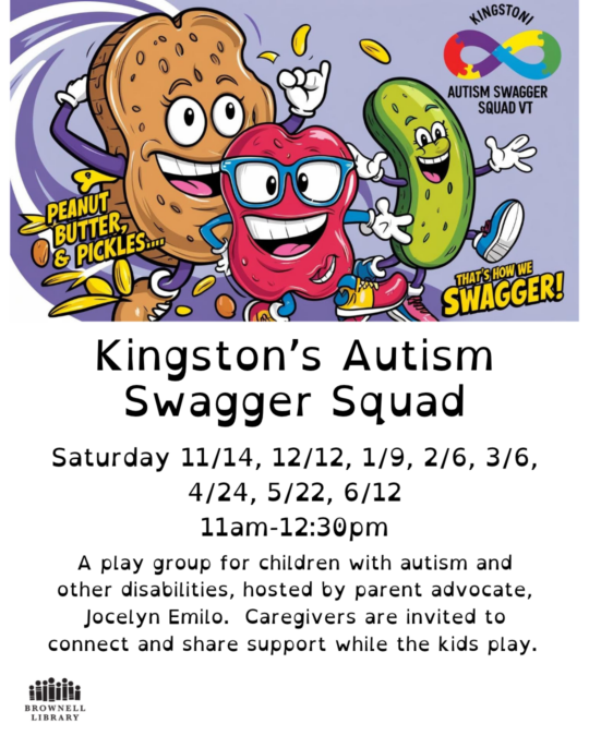 November 14, 11am-12:30pm: Caregivers of children with autism and other disabilities are invited to connect and share support. While caregivers share experiences, children can explore and play with giant foam blocks, hoops, and other toys in a welcoming and safe environment. This program is facilitated by Kingston's Autism Swagger Squad, a group created by and for families and their children who have autism. Join us to connect, play, and build a community of understanding and support.