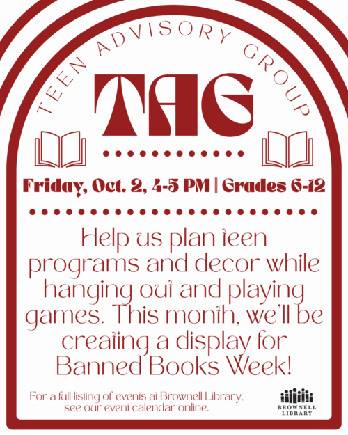 Teen Advisory Group will be on Friday, October 2 from 4-5 PM.