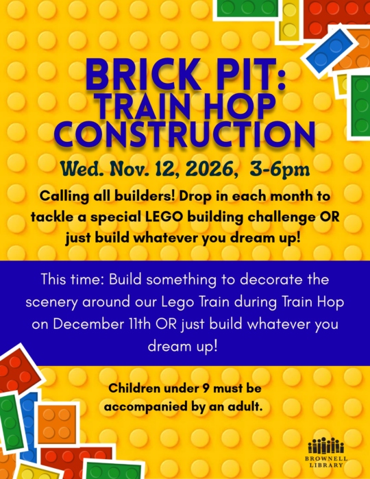 November 12, 3-6pm: Drop in each month to tackle a special LEGO building challenge, this time: Build something to decorate the scenery around our Lego Train during Train Hop on December 11th OR just build whatever you dream up! Children under 9 must be accompanied by an adult.